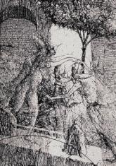 prof. zw. Stanis??aw Kluska, "Spotkanie z E." fragment akwaforta mezzotinta 1987, 42 x 31 cm